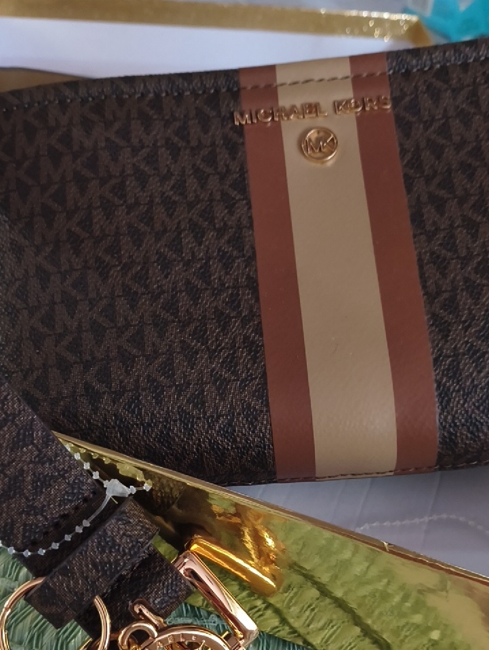 Michael Kors Brown and Tan Monogram Stripe Wristlet